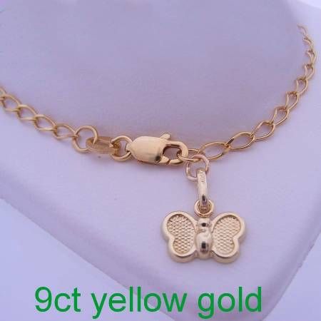 9CT YELLOW GOLD 19cm ADJUST SIZE 10mm BUTTERFLY CHARM CURB BRACELET