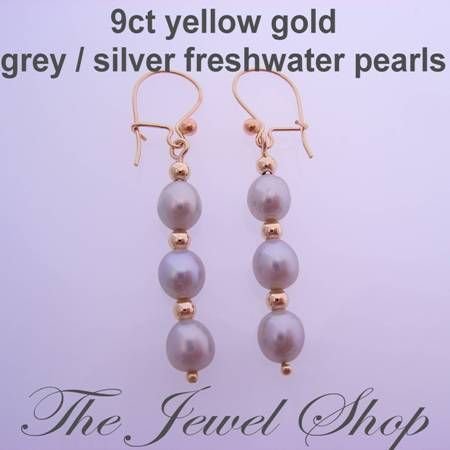 9CT YELLOW GOLD 6mm x 4mm GREY FRESHWATER PEARLS 9CT BALL SAFETY HOOK DESIGNER EARRINGS