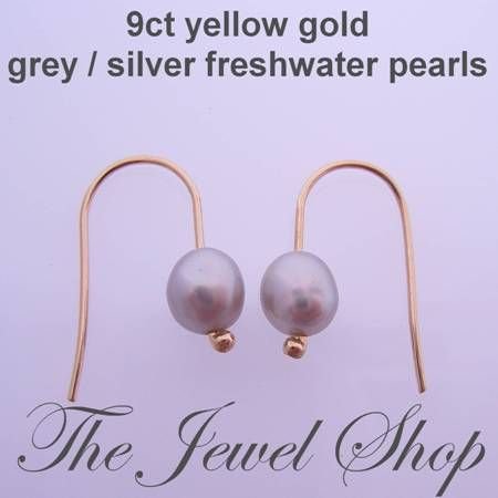 9CT YELLOW GOLD 6mm x 4mm GREY FRESHWATER PEARL HOOK DESIGNER EARRINGS