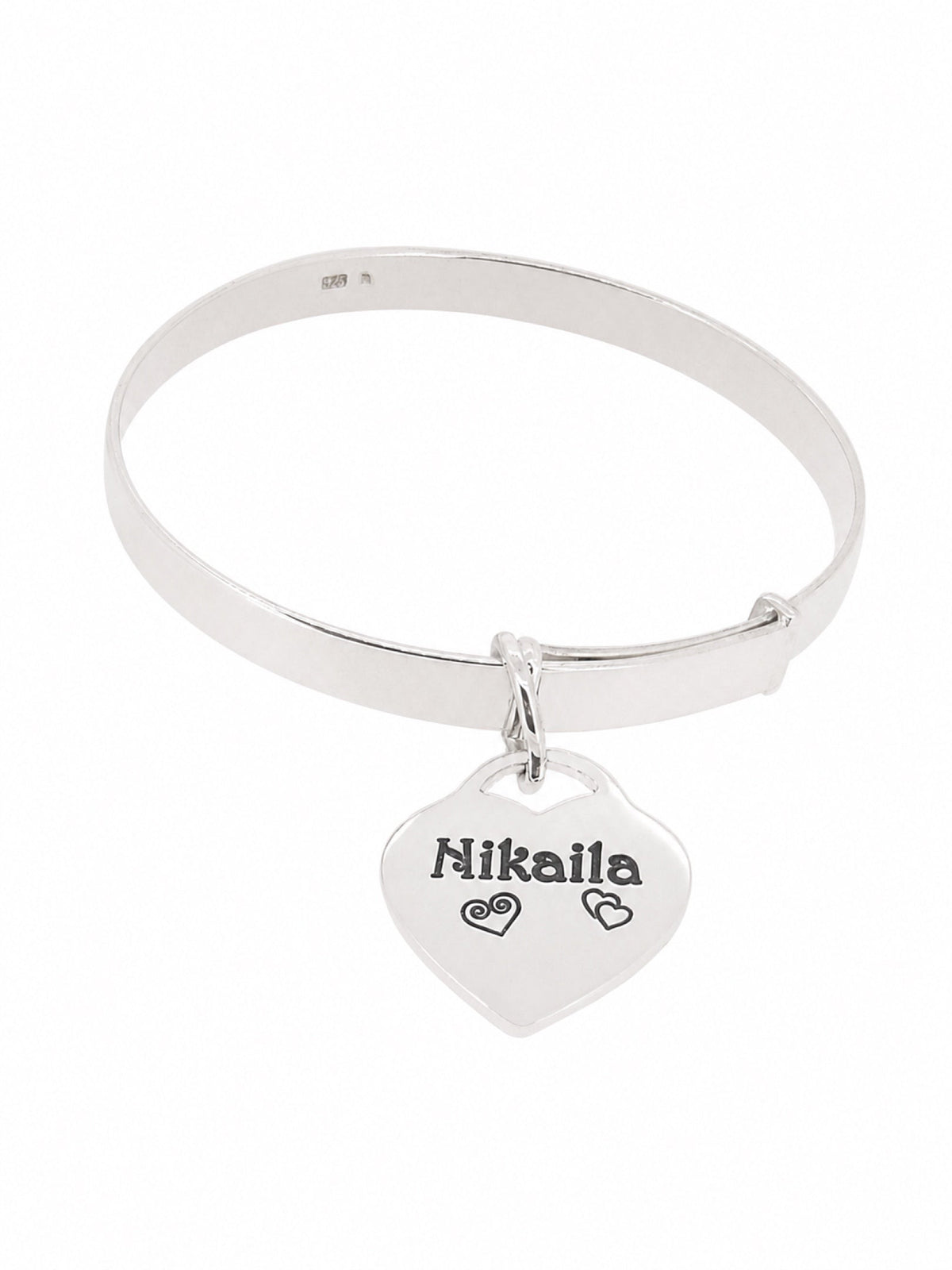 5mm flat sterling silver expandable bangle with personalised 19mm heart charm on white background