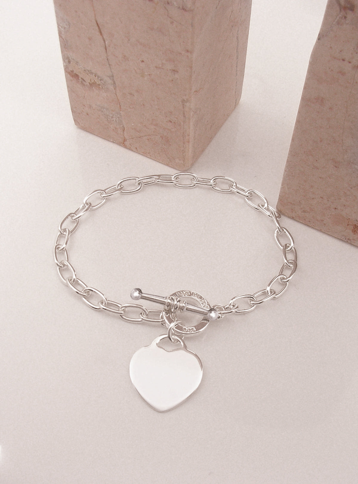 Heart Charm Toggle Clasp Cable Trace Bracelet in Sterling Silver