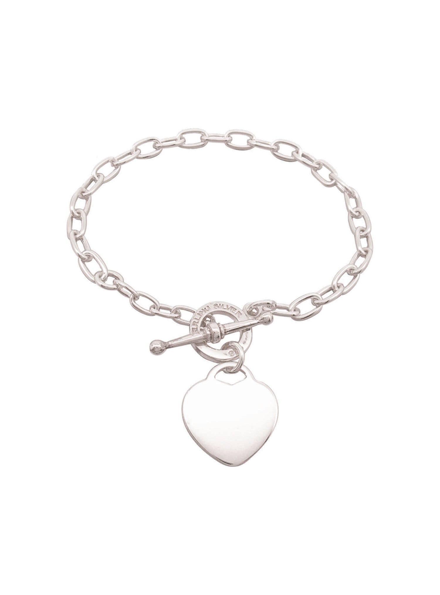 Heart Charm Toggle Clasp Cable Trace Bracelet in Sterling Silver