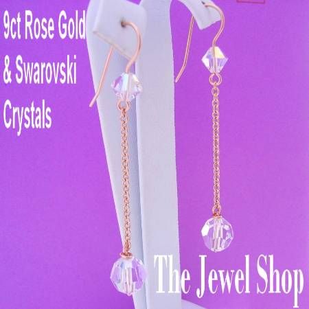 9CT ROSE GOLD 8mm & 6mm SWAROVSKI CRYSTAL CHAIN DROP DESIGNER HOOK EARRINGS