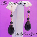 9CT ROSE GOLD BLACK AGATE & SWAROVSKI CRYSTAL FEATURE HOOK DESIGN EARRINGS