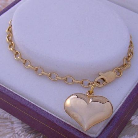 9CT YELLOW GOLD 19cm ADJUST SIZE 14mm HEART CHARM BELCHER BRACELET