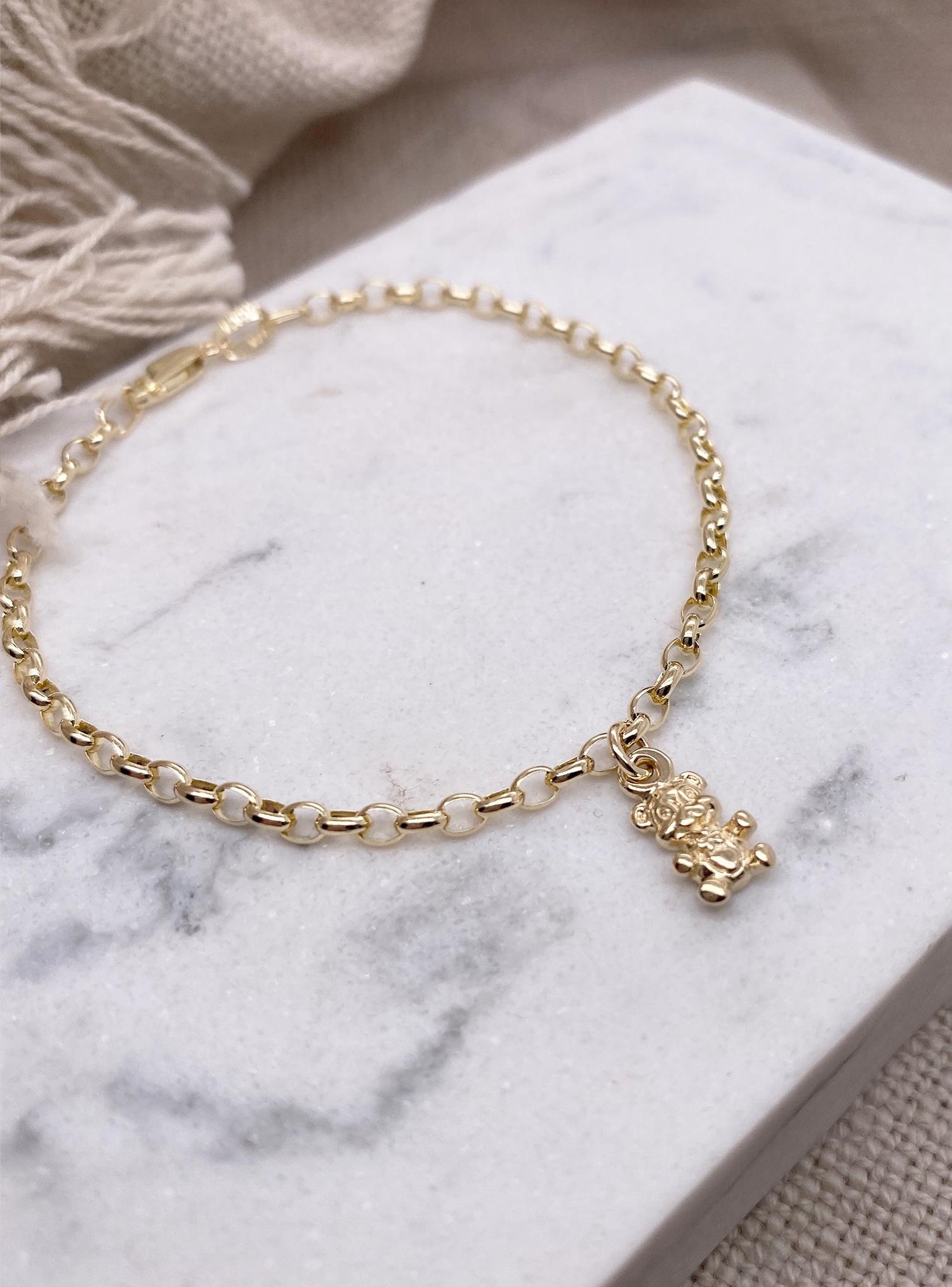 9ct Yellow Gold Oval Belcher Link Teddy Bear Charm Bracelet All Sizes Available