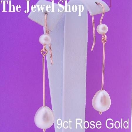 9CT ROSE GOLD TEARDROP FRESHWATER PEARL DROP DESIGNER HOOK EARRINGS