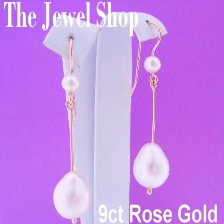 9CT ROSE GOLD LARGE 13mmX10mm TEARDROP PEARL FRESHWATER PEARL DROP DESIGNER HOOK EARRINGS