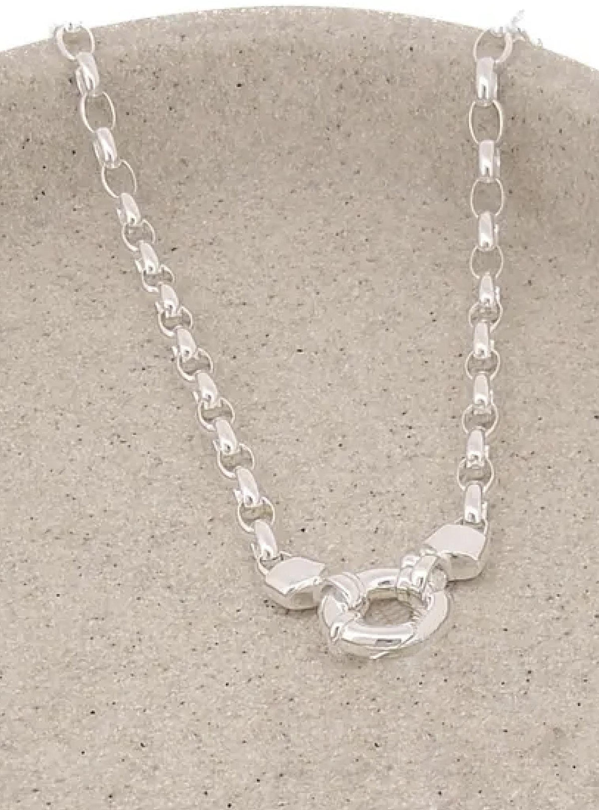 Sterling Silver Oval Belcher Chain Bolt Ring Necklace
