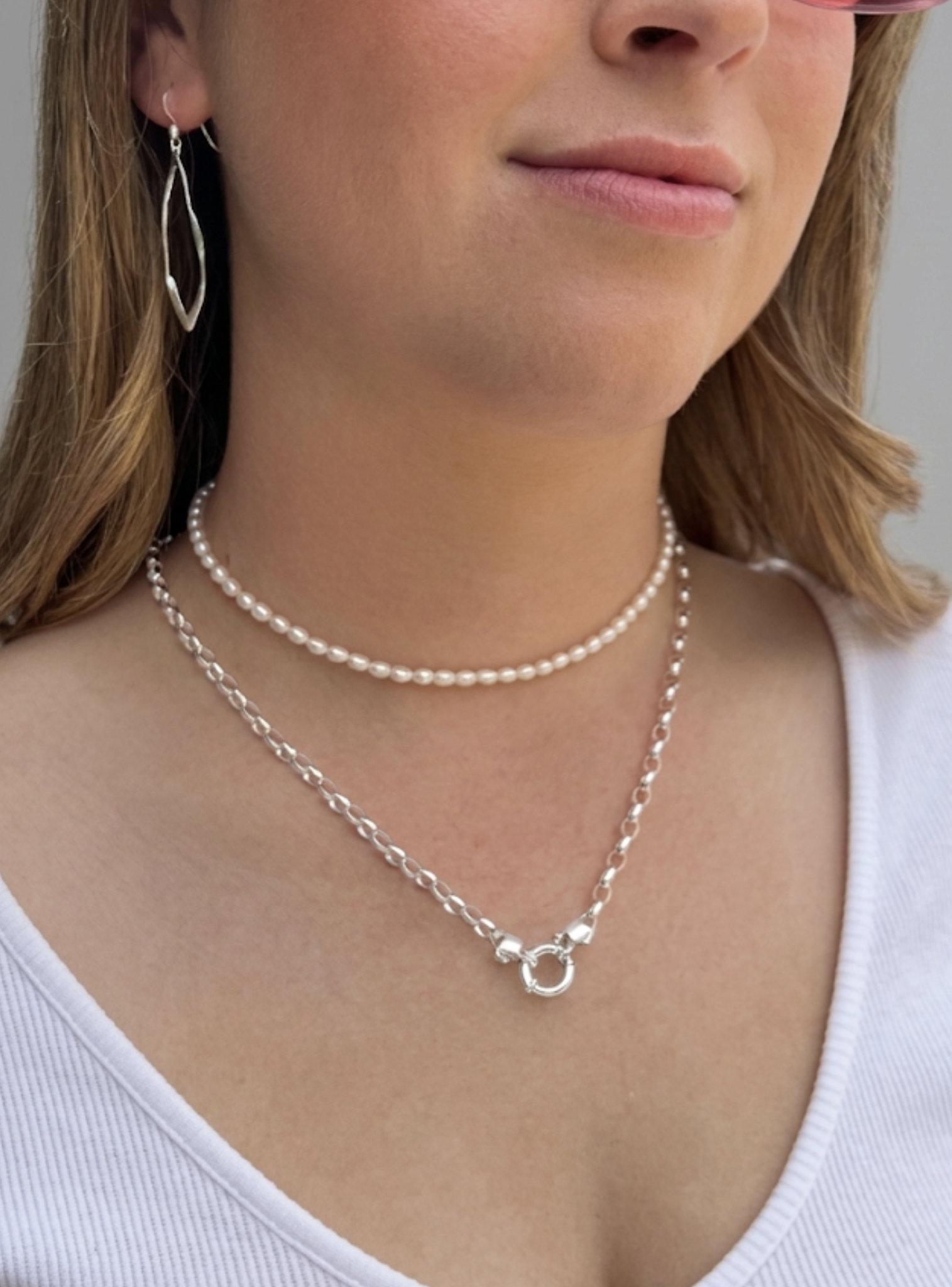 Sterling Silver Oval Belcher Chain Bolt Ring Necklace