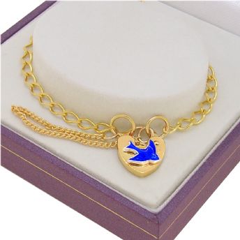SOLID 9CT GOLD BLUEBIRD CHARM PADLOCK CURB BRACELET