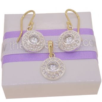 9CT YELLOW GOLD WHITE CUBIC ZIRCONIA CZ PAVE CLUSTER HOOK EARRINGS and PENDANT