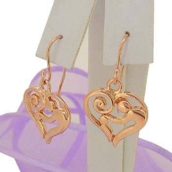 SOLID 9CT ROSE GOLD 14mm MOTHER BABY HEART CHARM BALL DROP HOOK EARRINGS