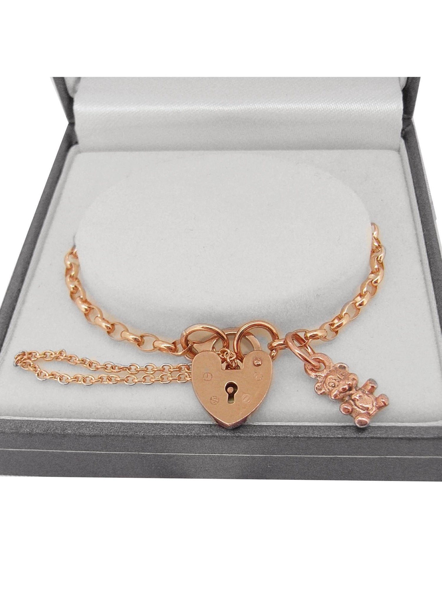 9ct Rose Gold Belcher Padlock Teddy Bear Bracelet 16.5cm