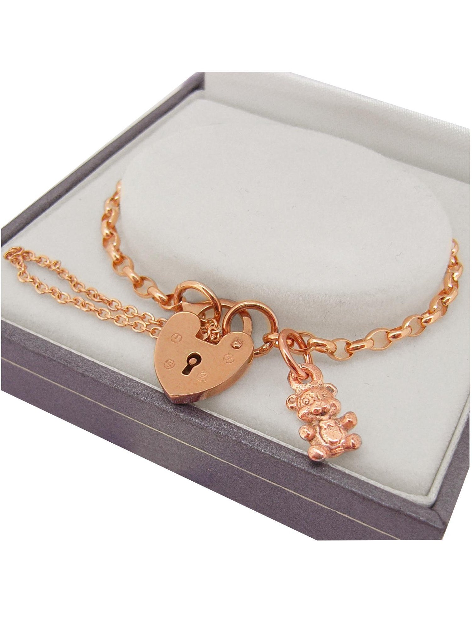 9ct Rose Gold Belcher Padlock Teddy Bear Bracelet 16.5cm