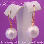 9CT ROSE GOLD 12mm WHITE SHELL PEARL DROP DESIGNER HOOK EARRINGS