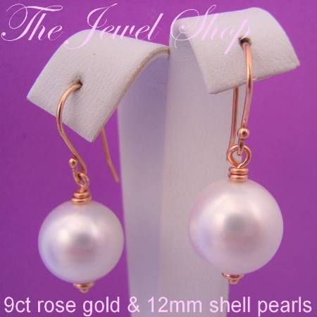9CT ROSE GOLD 12mm WHITE SHELL PEARL DROP DESIGNER HOOK EARRINGS