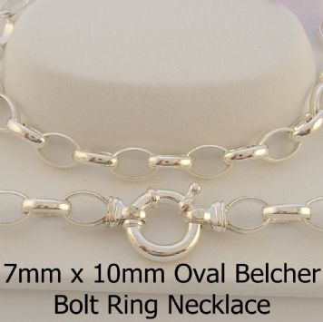 STERLING SILVER 7mm x 10mm OVAL BELCHER CHAIN BOLT RING NECKLACE -N-925-BO4-BR
