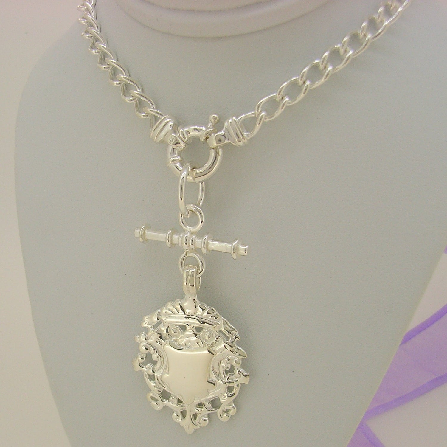 Sterling Silver Fob Chain Tbar Shield Pendant Bolt Ring Necklace