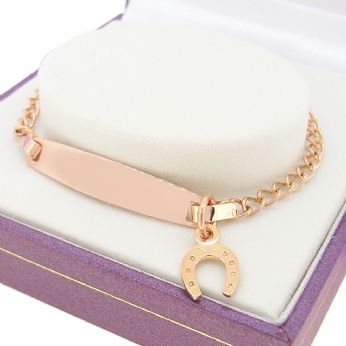 9CT ROSE GOLD CURB IDENTITY LUCKY HORSESHOE CHARM BRACELET