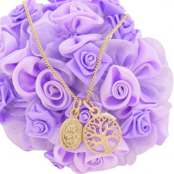 9CT GOLD SMALL OVAL ST CHRISTOPHER and TREE OF LIFE CHARM NECKLACE