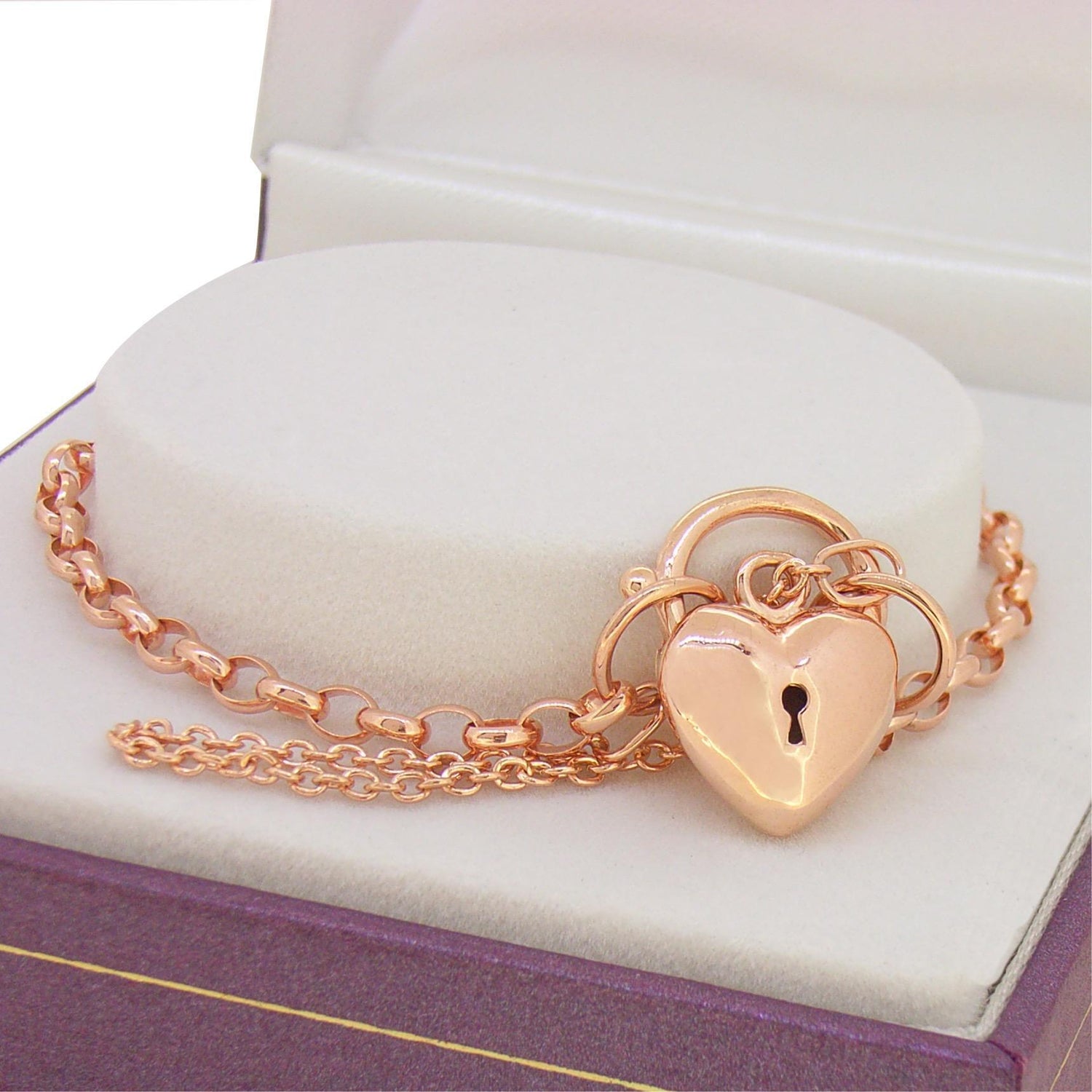 9ct Rose Gold Belcher Puffed Love Heart Padlock Bracelet