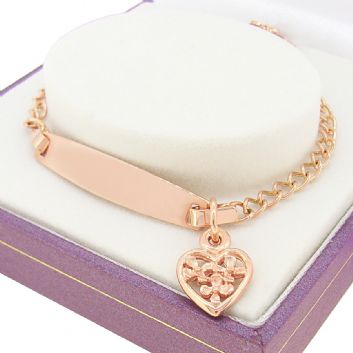 9CT ROSE GOLD CURB IDENTITY FLOWER HEART CHARM BRACELET