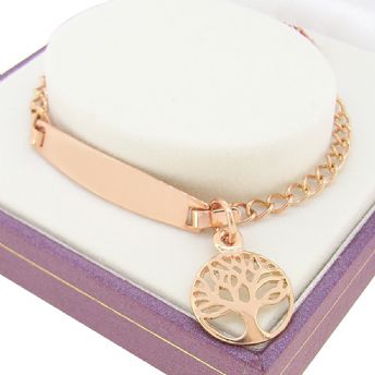 9CT ROSE GOLD CURB IDENTITY TREE of LIFE CHARM BRACELET