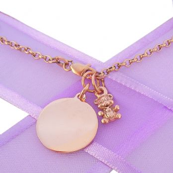 9CT ROSE GOLD 16mm PERSONALISED CIRCLE CUTE TEDDY BEAR BELCHER BRACELET -BLET-16mm-BO1-KB66-9R