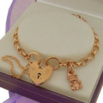 9CT ROSE GOLD 3mm BELCHER PADLOCK TEDDY BEAR CHARM BRACELET 16.5CM