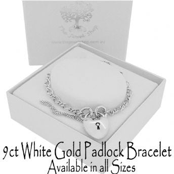 9CT WHITE GOLD FIGARO CURB PADLOCK BRACELET All Sizes Available