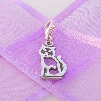 STERLING SILVER 10mm x 17mm FAMILY PET CAT KITTEN PUSSY CLIP ON CHARM - TI-09105