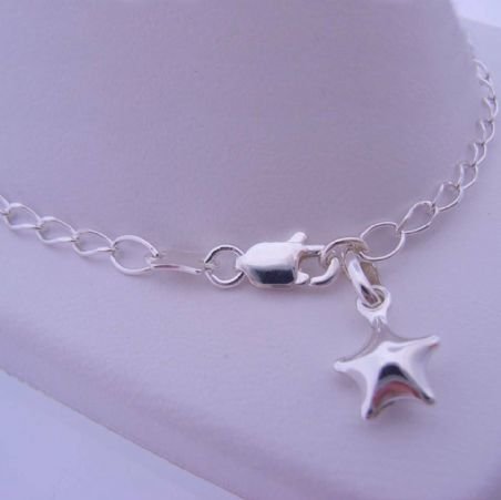 17cm ADJUST SIZE STERLING SILVER 7mm STAR CHARM CURB BRACELET