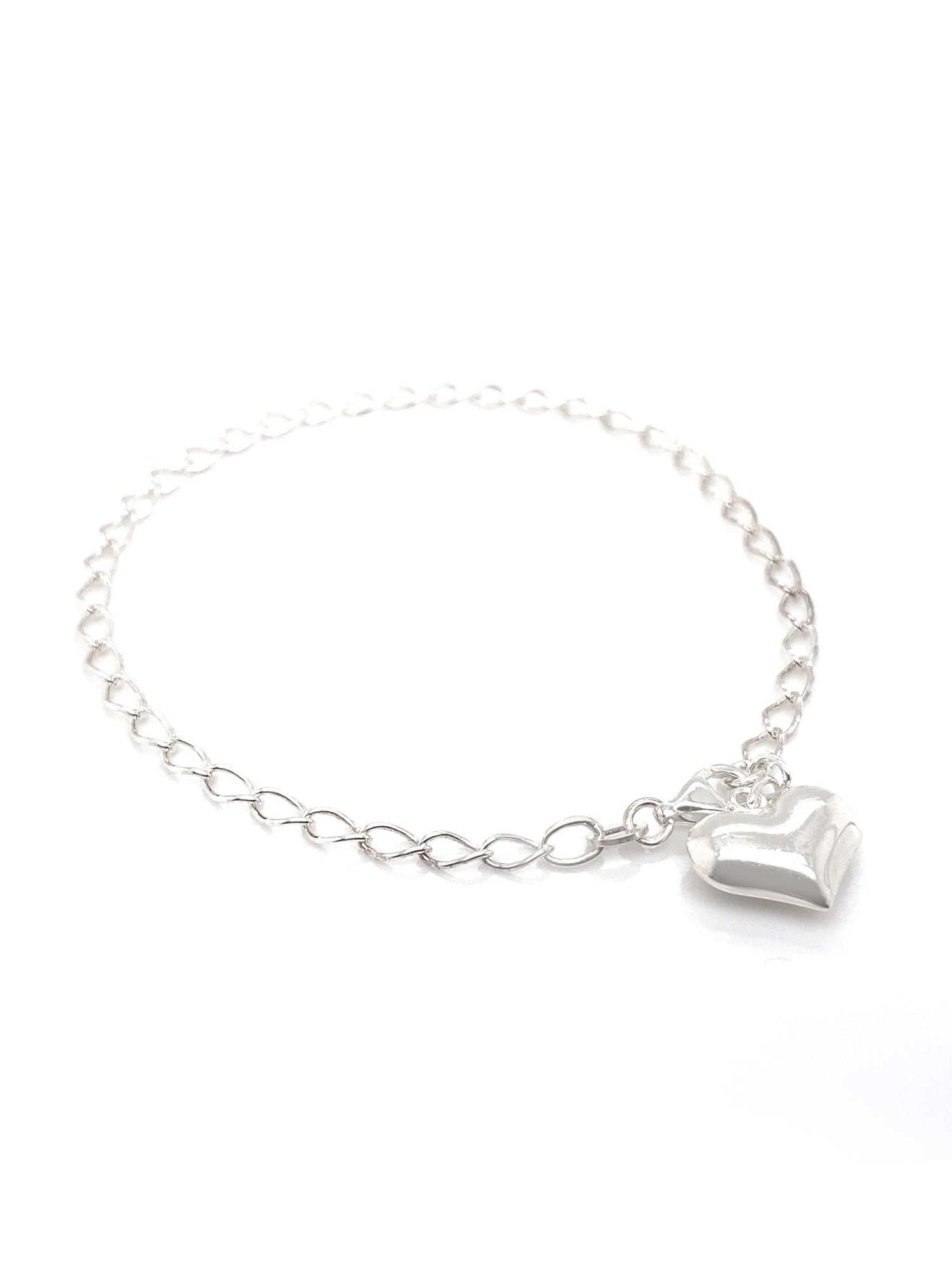 Puffed Heart Charm Curb Bracelet in Sterling Silver