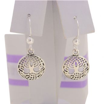 STERLING SILVER 11mm TREE OF LIFE BALL HOOK EARRINGS