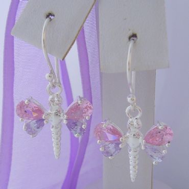 STERLING SILVER 16MM PINK CZ DRAGONFLY CHARM HOOK EARRINGS ER_CHARM_HOOK_SS_0017
