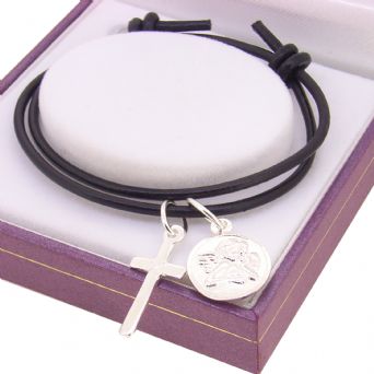 STERLING SILVER GUARDIAN ANGEL AND CROSS CHARM LEATHER WRAP BRACELET
