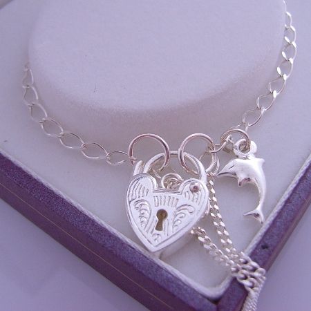 15cm ADJUSTABLE SIZE STERLING SILVER TINY DOLPHIN BABY PADLOCK BRACELET