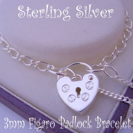 16CM BABY CHILD STERLING SILVER HEART PADLOCK BRACELET FIGARO CURB ADJUSTABLE SIZE