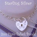 16CM BABY CHILD STERLING SILVER HEART PADLOCK BRACELET FIGARO CURB ADJUSTABLE SIZE