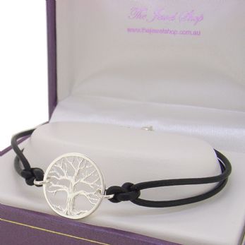 STERLING SILVER TREE OF LIFE SYMBOL DESIGN CHARM LEATHER BRACELET