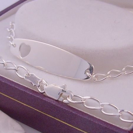 16.5cm ADJUSTABLE SIZE CURB LINK STERLING SILVER BABY to ADULT HEART IDENTITY BRACELET