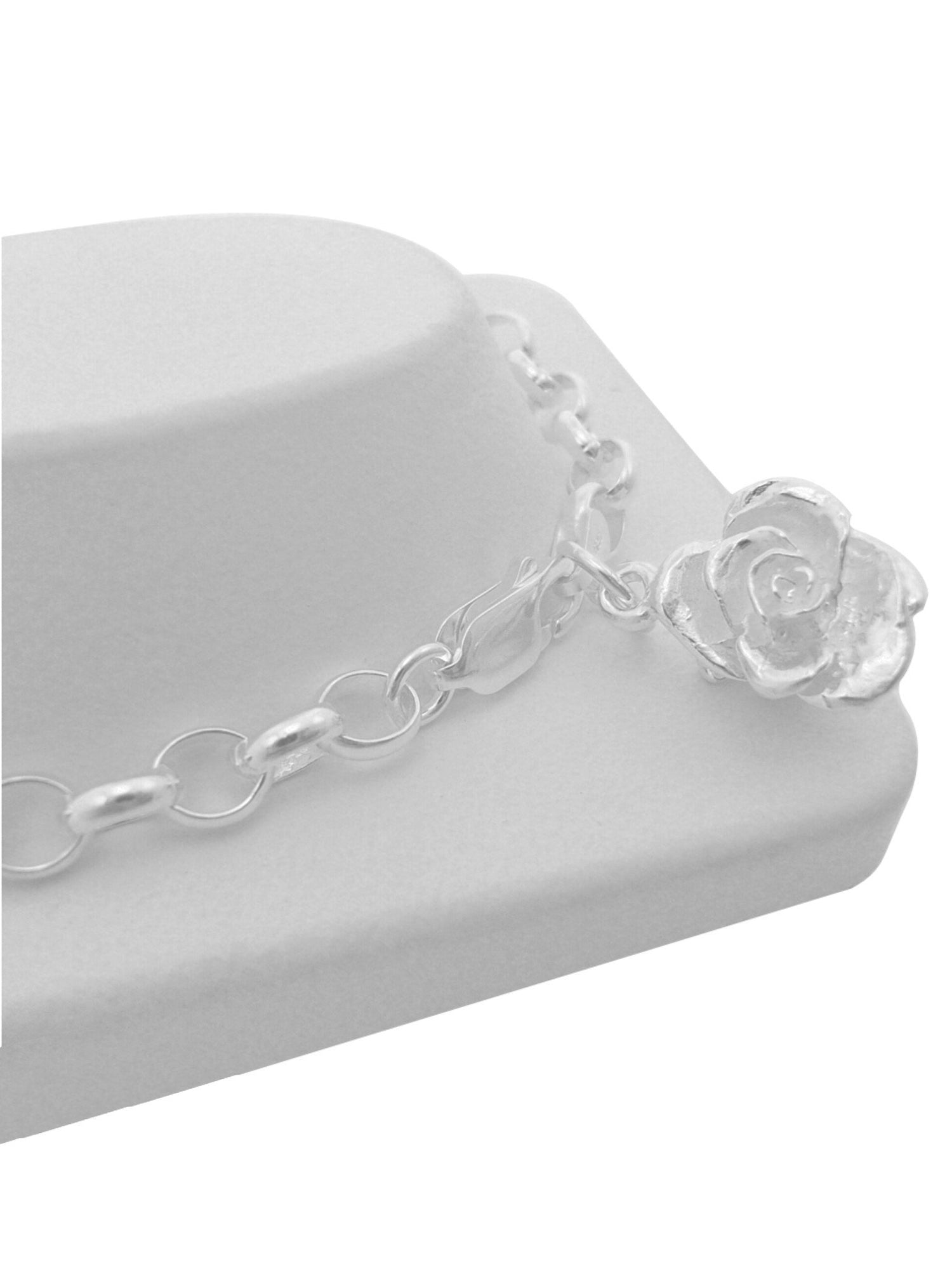 Sterling Silver Oval Belcher 13mm Rose Charm Bracelet 19cm