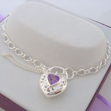 7g 19CM STERLING SILVER AMETHYST HEART PADLOCK BRACELET - BLET_SS_OF81_PL15