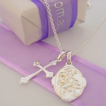 STERLING SILVER SAINT CHRISTOPHER & CROSS CHARM NECKLACE 50CM -NLET_SS_HR2115-2284