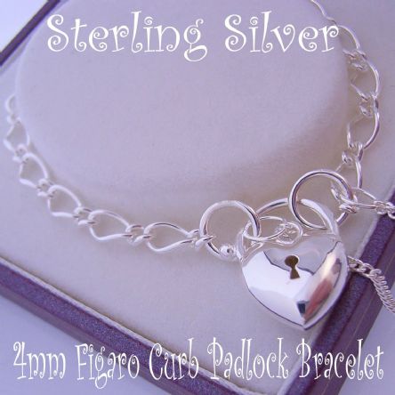 5g STERLING SILVER 4mm FIGARO HEART PUFFED HEART PADLOCK BRACELET