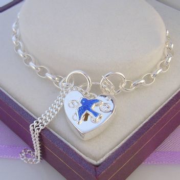 19cm STERLING SILVER BLUEBIRD of HAPPINESS CHARM BELCHER PADLOCK BRACELET - BLET_SS_0034