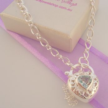 STERLING SILVER BLUE TOPAZ HEART PADLOCK BRACELET BLET_SS_OF81_BTpadlock