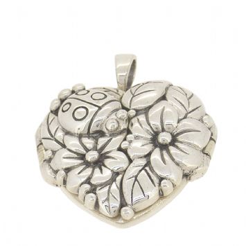 STERLING SILVER 22mm HEART LADYBUG FLOWER PHOTO LOCKET NECKLACE