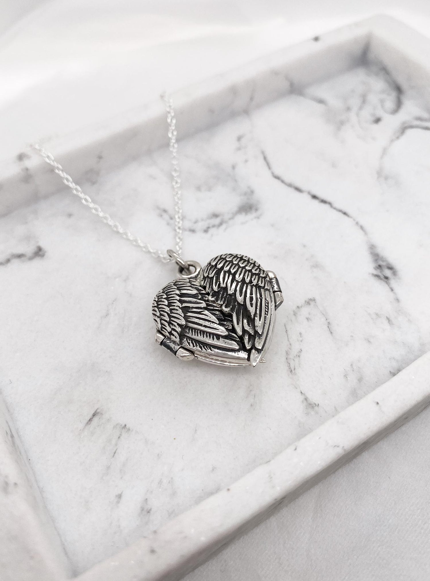 Sterling Silver Heart Angel Wings Photo Locket Necklace